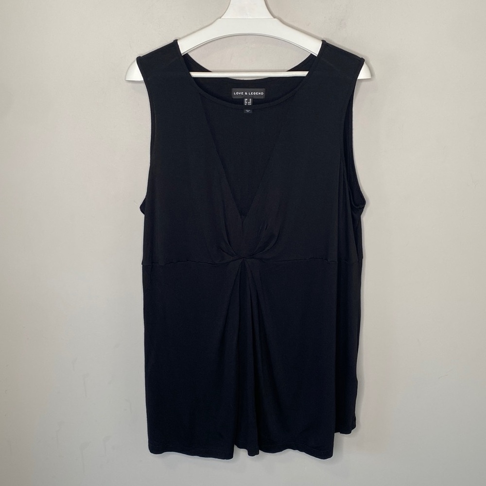 Love & Legend Black Sleeveless Top with Mesh V Neck Panel and Center Ruching